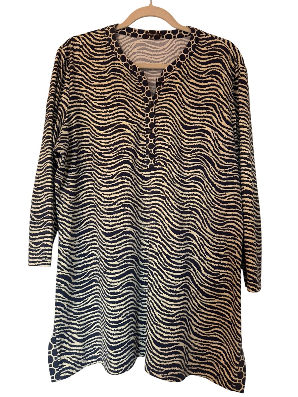 J. McLaughlin Catalina Navy & Cream Wave Print Tunic Top Size XL
